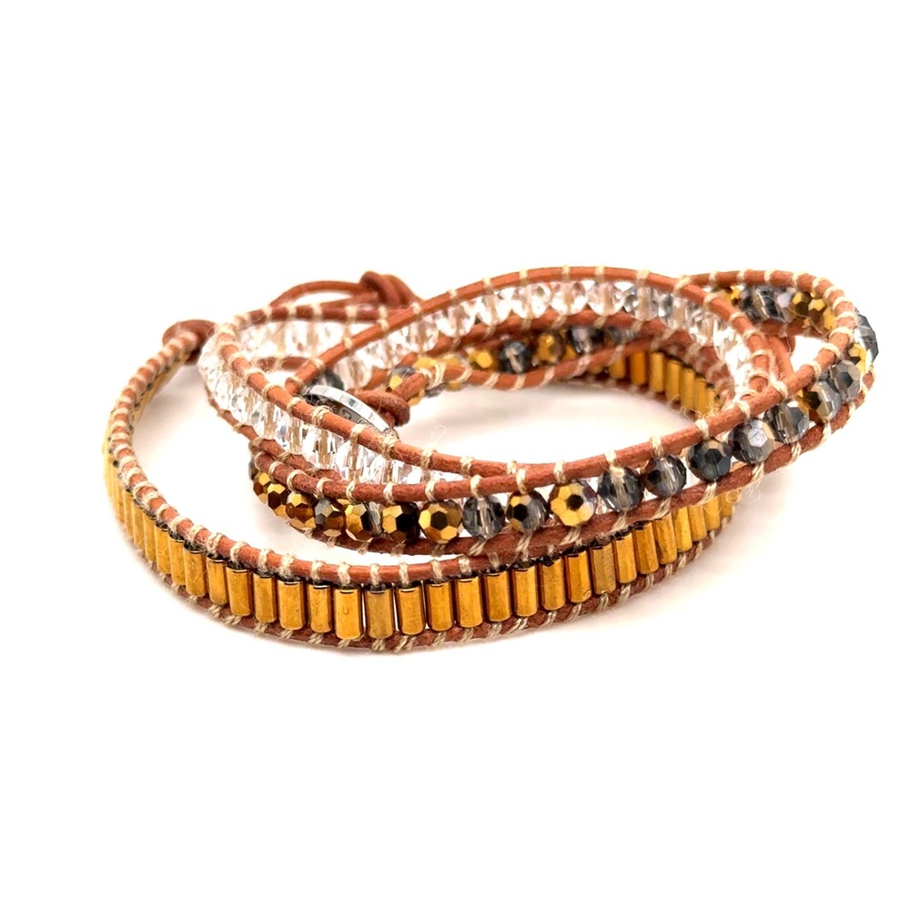 Victoria Emerson Gold Crystal Leather Wrap Bracelet Boho Adjustable 21-23 Inch